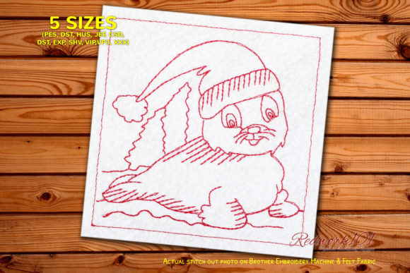 Adorable Baby Seal with Christmas Hat Redwork