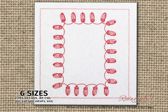 Christmas Lights Frame Redwork Embroidery